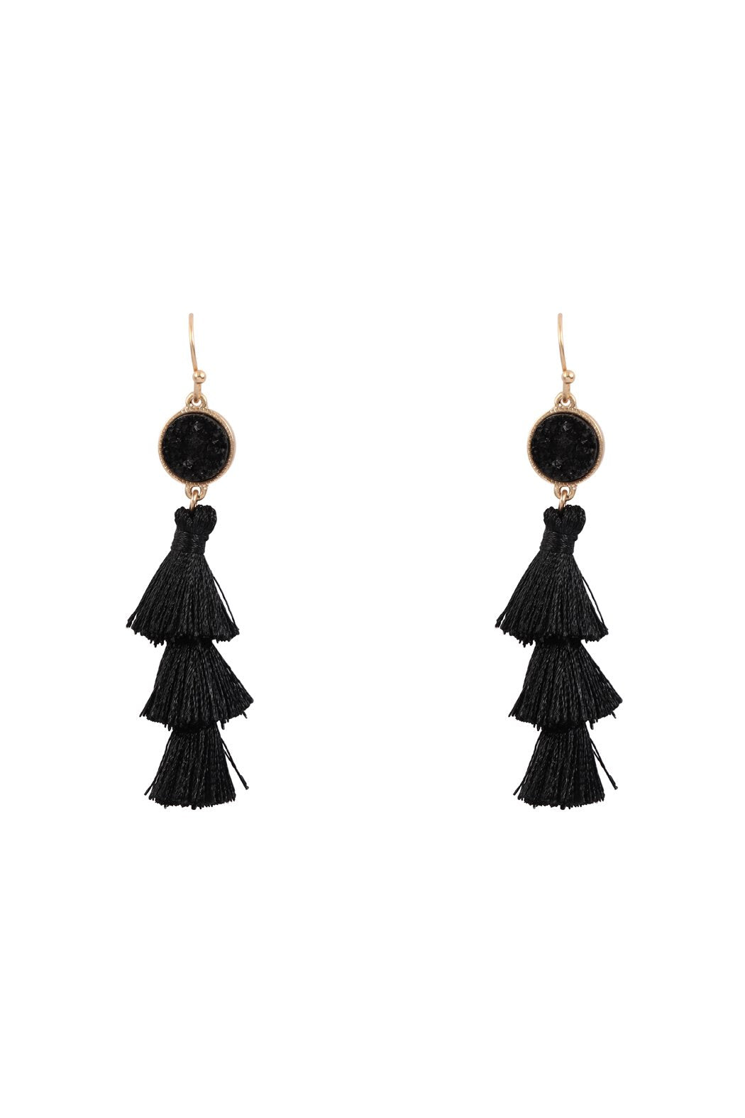 Faux Druzy With Triple Mini Layered Tassel Hook Earrings - 8 COLORS -