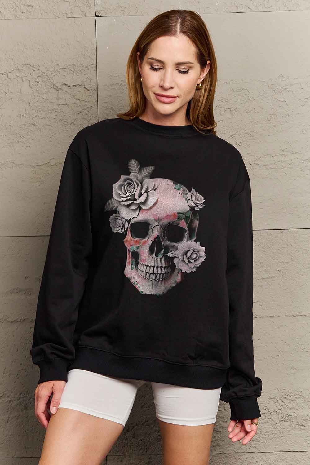 Simply Love Simply Love Full Size Dropped Shoulder SKULL Graphic Sweatshirt - T - 1 COLOR -