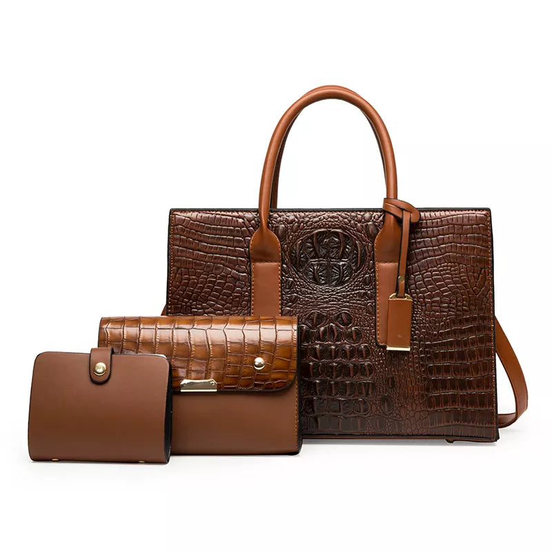 Savoy - Ashbury Faux Crocodile Handbag Set (3-Pack) - Brown -