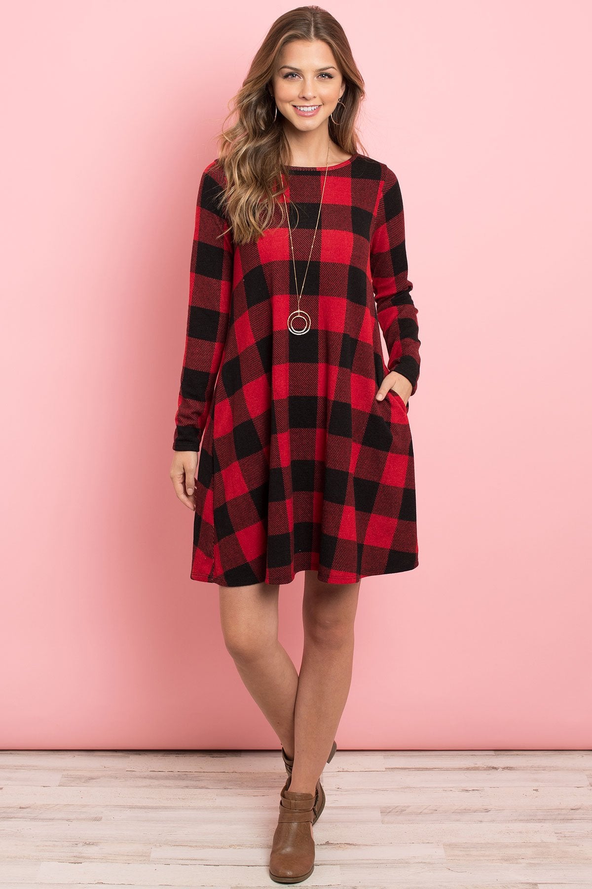 Riah Fashion - Long Sleeves Plaid Midi - 2 COLORS -