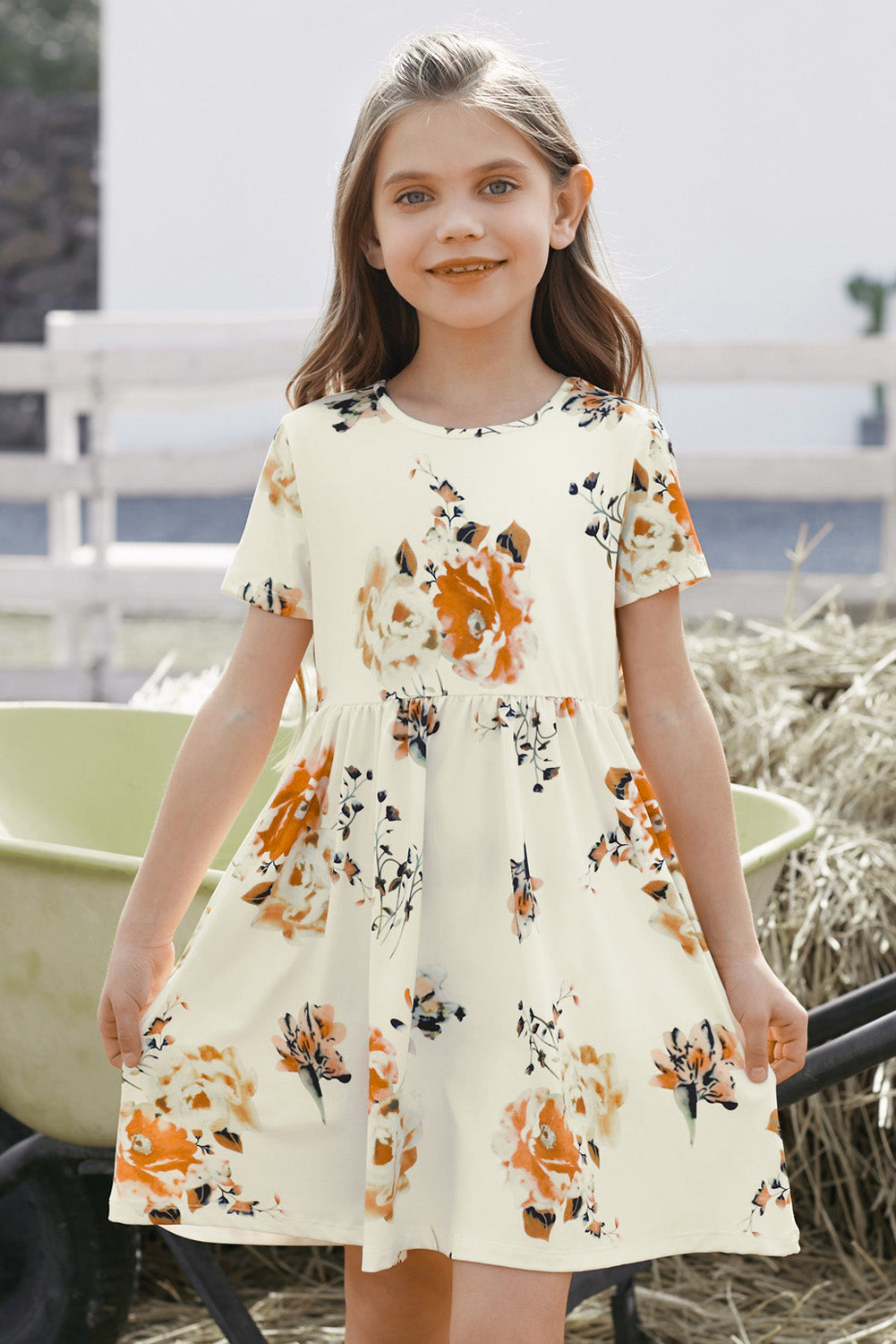 Girls Floral Short Sleeve Round Neck Dress - T - 5 SIZES - 1 COLOR -