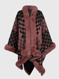 Thumbnail for Checkered Faux Fur Trim Poncho - T - 5 COLORS -