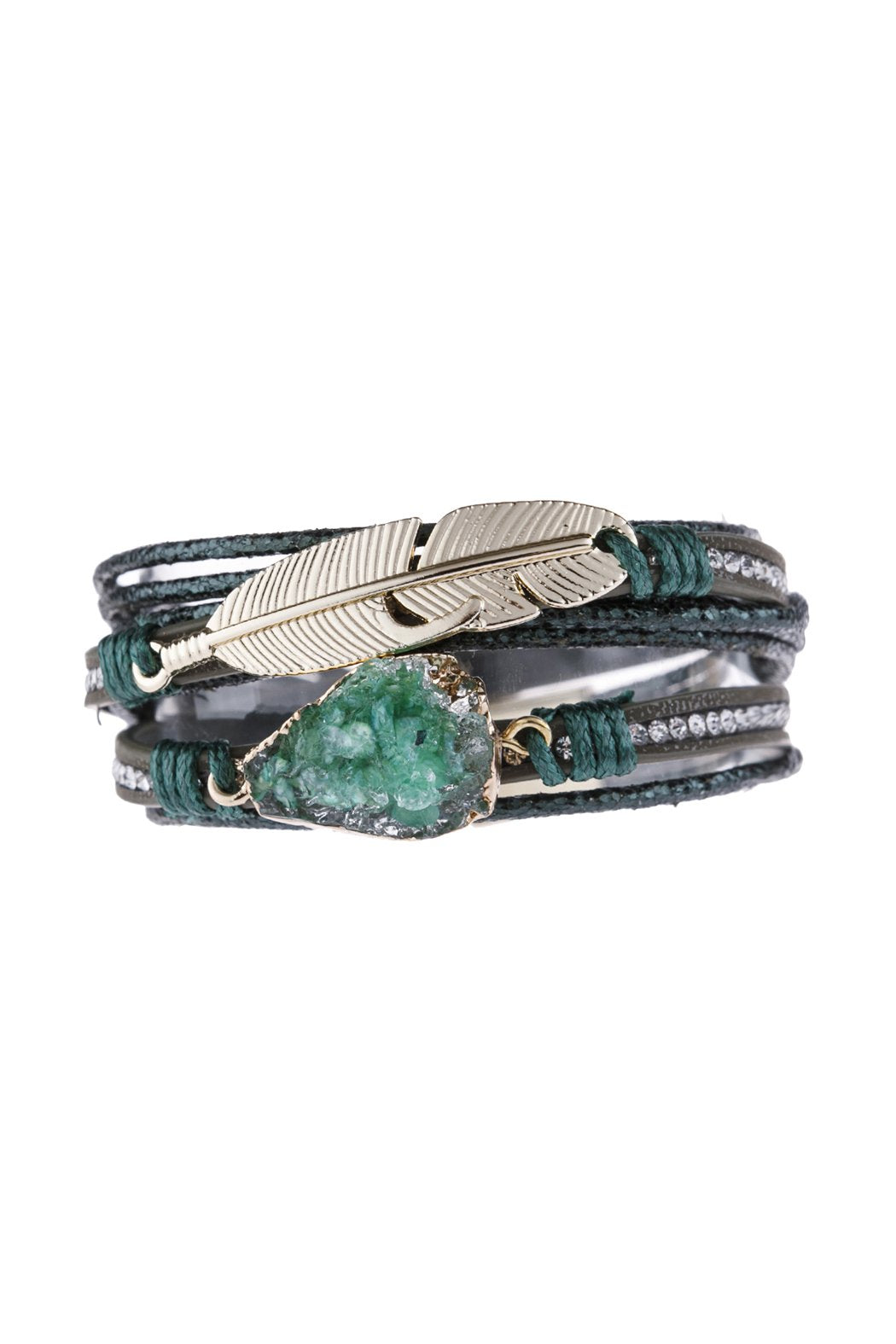 Riah Fashion - Feather Druzy Leather Wrap Magnetic Bracelet - 5 COLORS -