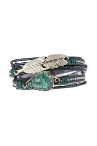 Thumbnail for Riah Fashion - Feather Druzy Leather Wrap Magnetic Bracelet - 5 COLORS -