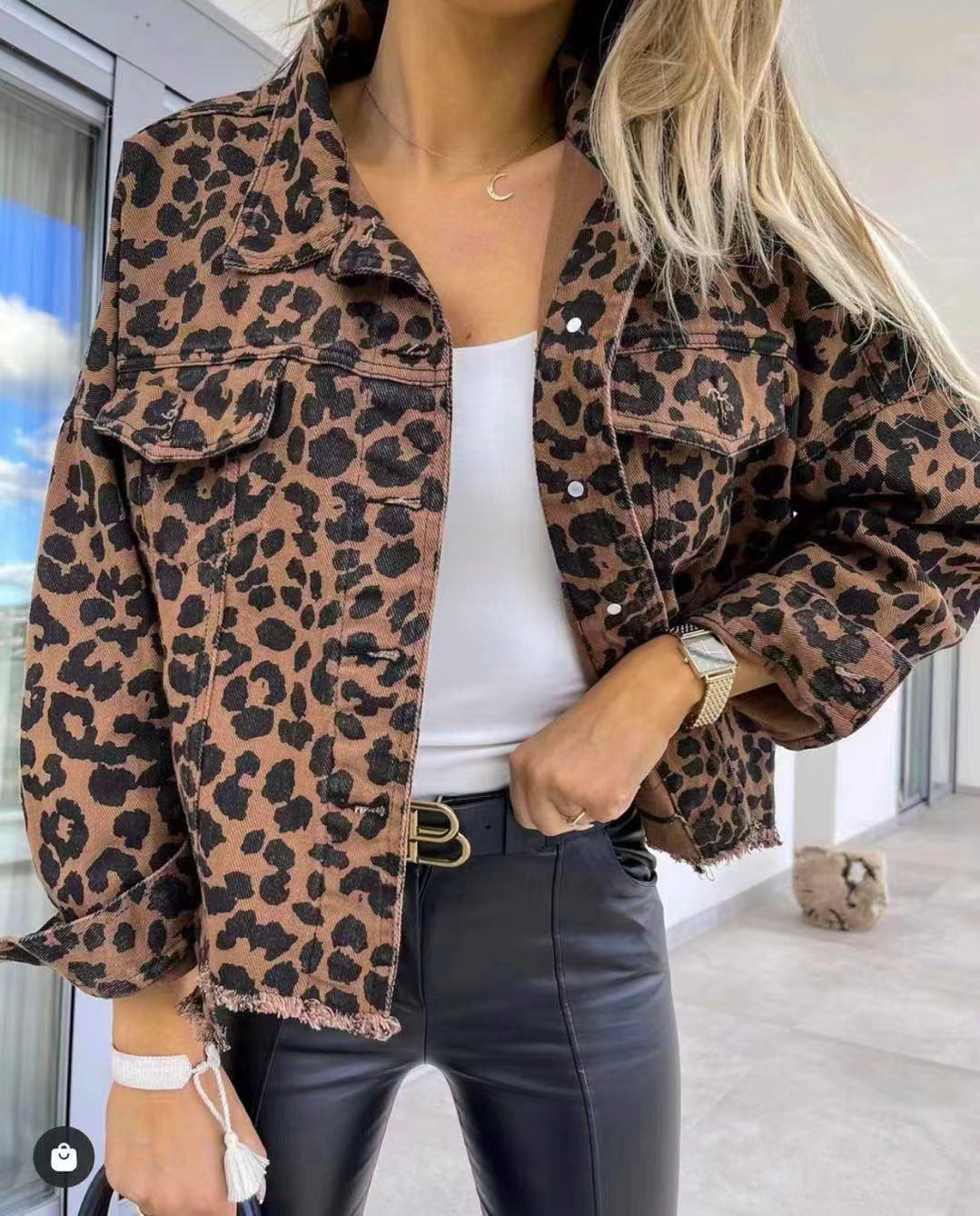 Leopard Raw Hem Denim Jacket - T - 1 COLOR -