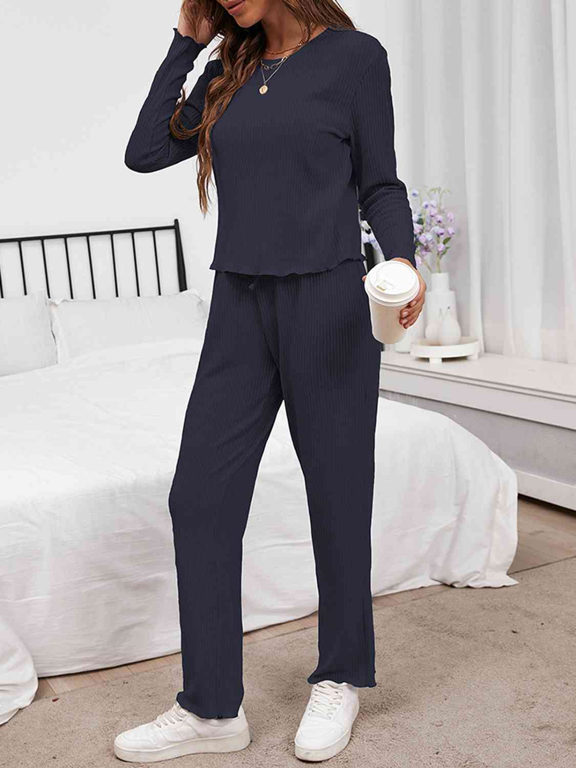 Round Neck Long Sleeve Top and Drawstring Pants Lounge Set - 2 PCS. - T - 3 COLORS -