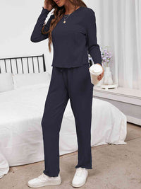 Thumbnail for Round Neck Long Sleeve Top and Drawstring Pants Lounge Set - 2 PCS. - T - 3 COLORS -