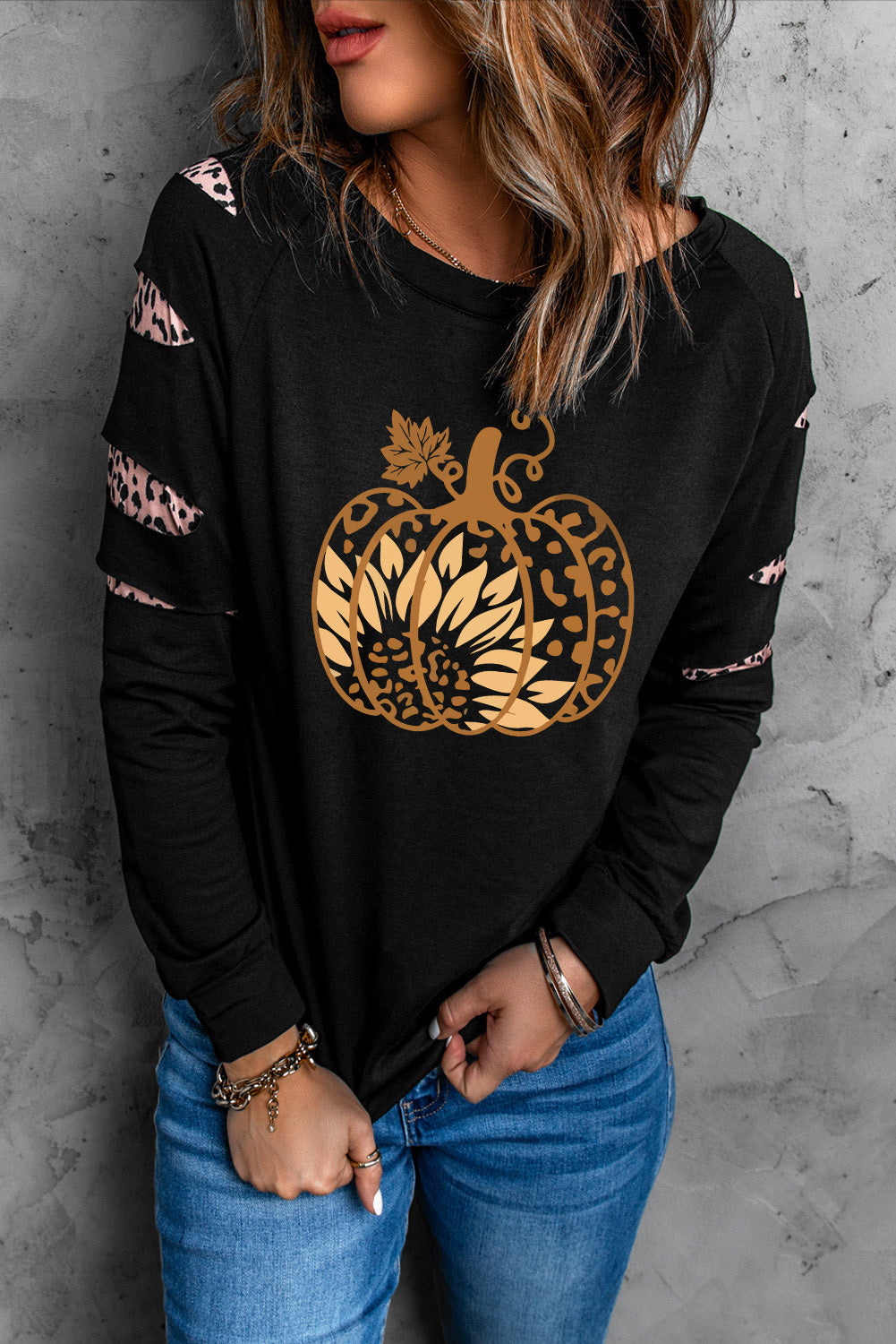 Leopard Pumpkin Graphic Sweatshirt - T - 1 COLOR -