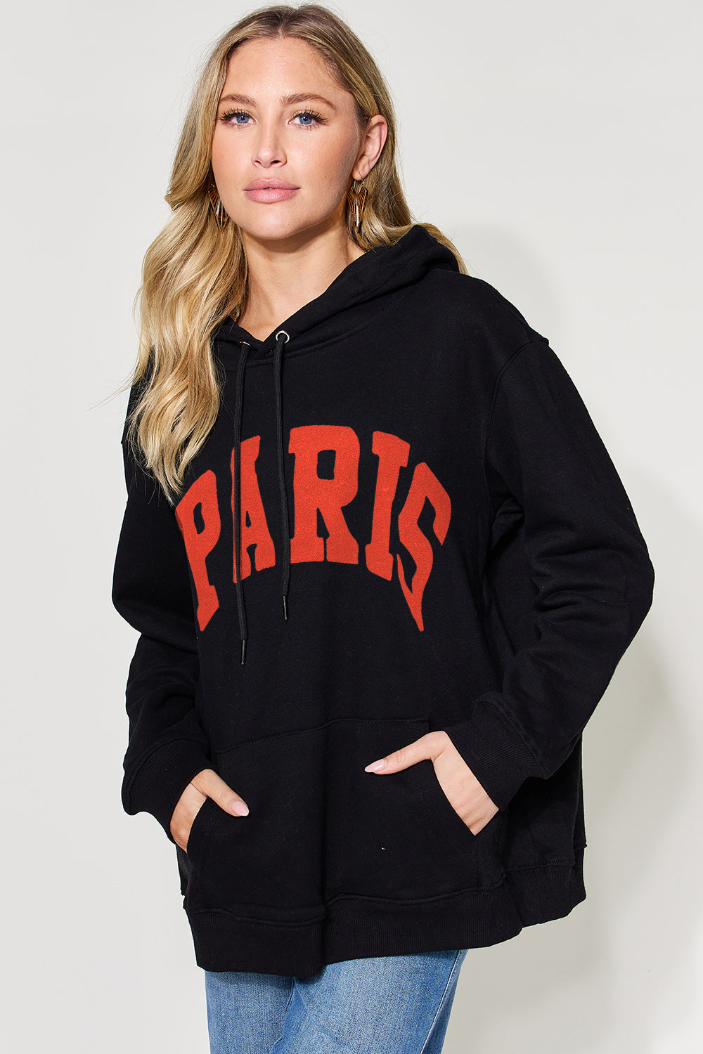 Simply Love Full Size PARIS Long Sleeve Drawstring Hoodie - T - 5 COLORS -