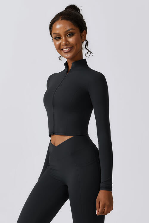 Zip Up Long Sleeve Cropped Active Top - T - 4 COLORS -