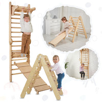 Thumbnail for 4in1 Climbing Set: Wooden Swedish Wall + Swing Set + Slide Board + Triangle Ladder