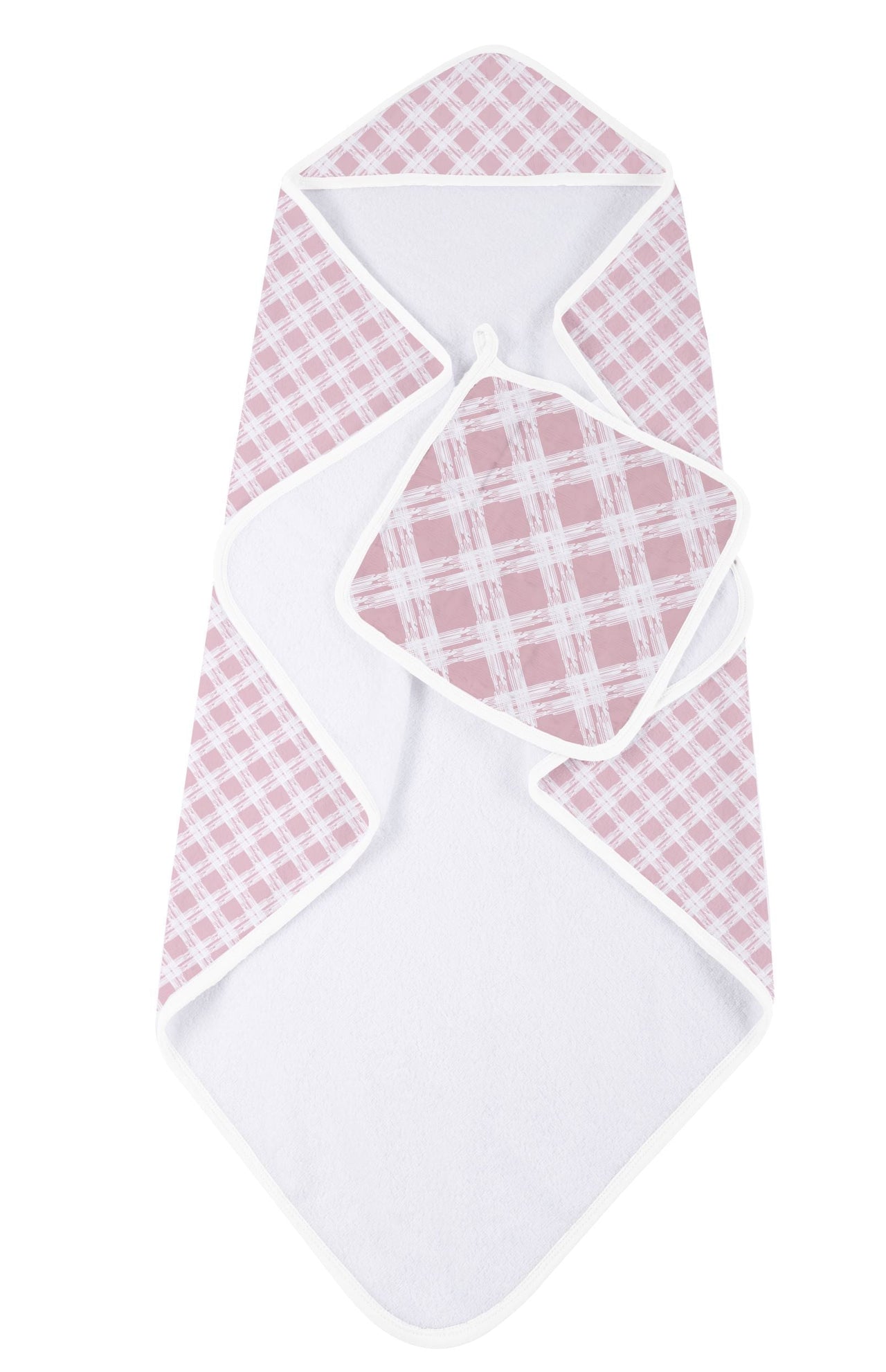 Pink Plaid Cotton Hooded Towel and Washcloth Set -