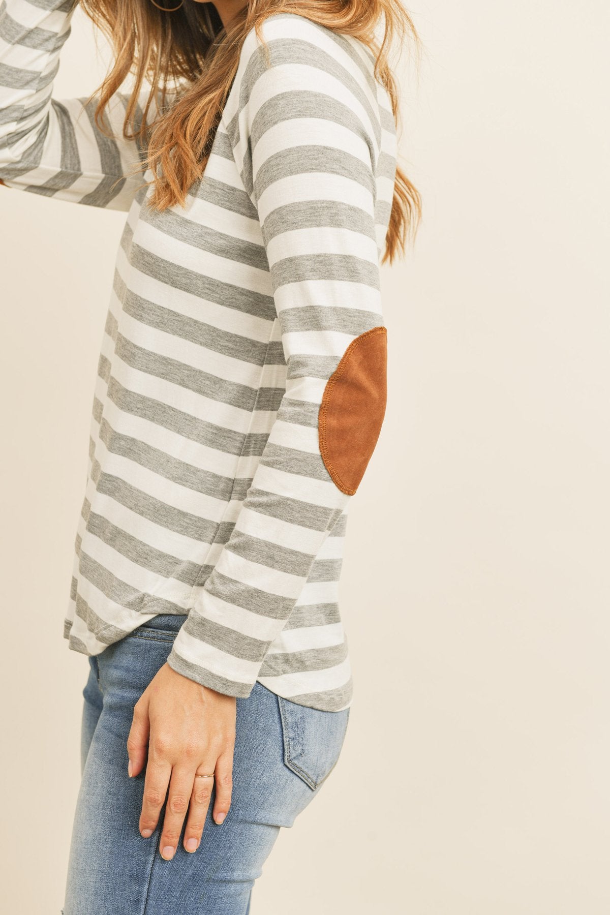 Riah Fashion - Elbow Suede Patch Striped Tunic - 6 COLORS -