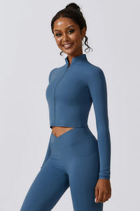 Thumbnail for Zip Up Long Sleeve Cropped Active Top - T - 4 COLORS -