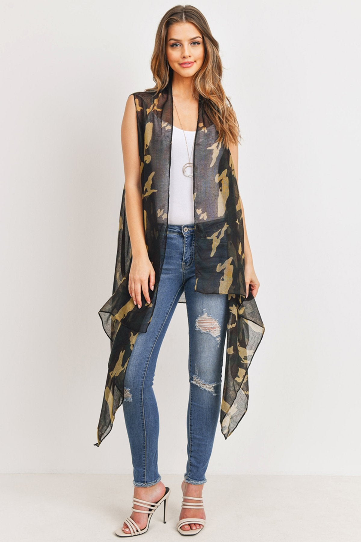 Riah Fashion - Knee Length Camouflage Open Front Kimono Vest - 1 COLOR