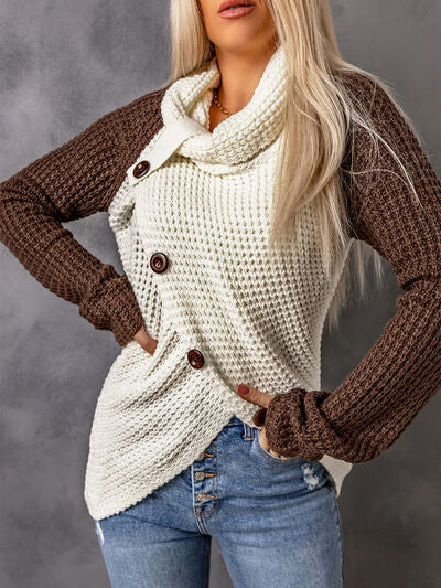 Contrast Decorative Button Turtleneck Sweater - T - 4 COLORS -