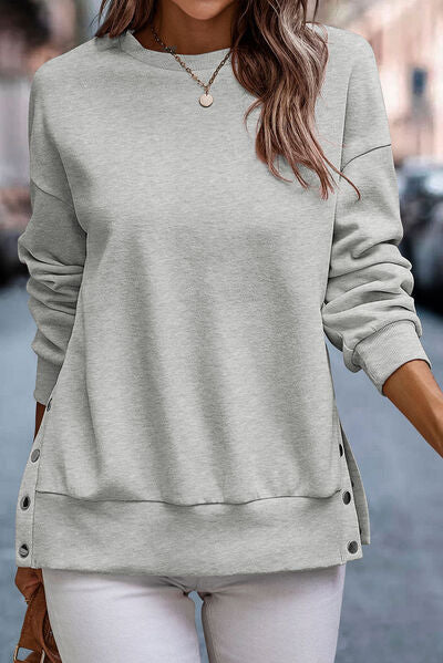 Snap Detail Round Neck Dropped Shoulder Sweatshirt - T - 10 COLORS -