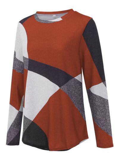 Geometric Round Neck Long Sleeve T-Shirt - T - 5 COLORS -