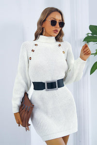 Thumbnail for Buttoned Turtleneck Long Sleeve Sweater Dress - T - 3 COLORS -