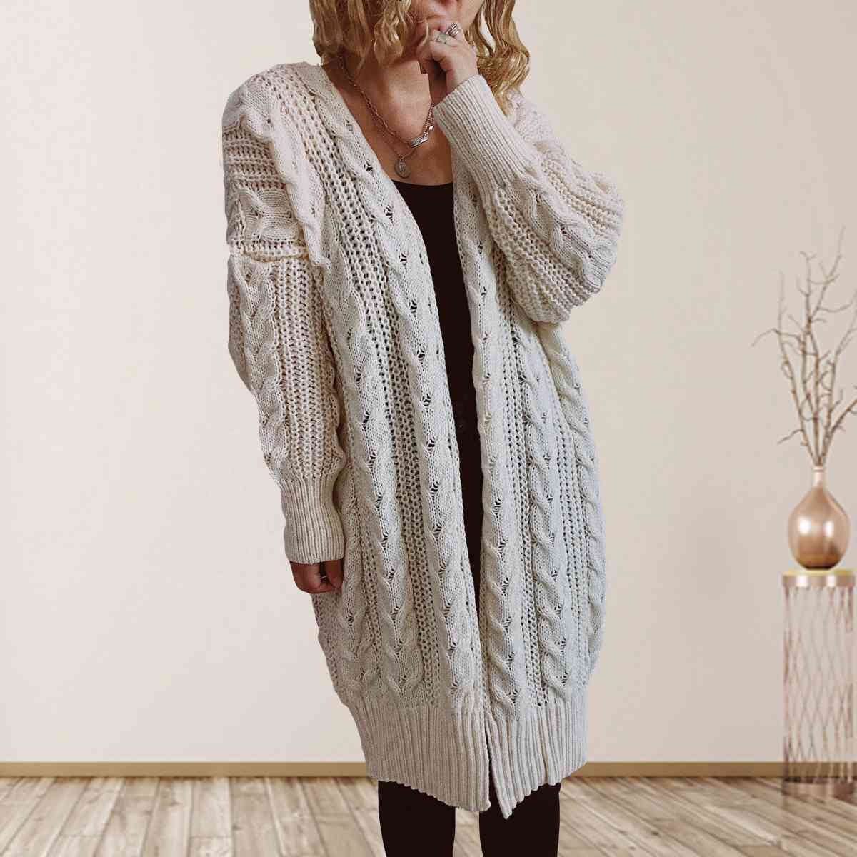 Cable-Knit Open Front Dropped Shoulder Cardigan - T - 6 COLORS -