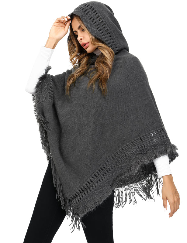 Women's Print or Plain Fringe Hooded Knit Cape Shawl - K - 2 Print patterns - 4 COLORS -