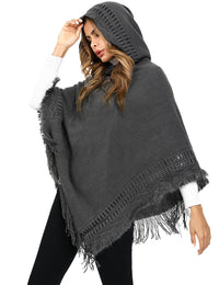 Thumbnail for Women's Print or Plain Fringe Hooded Knit Cape Shawl - K - 2 Print patterns - 4 COLORS -