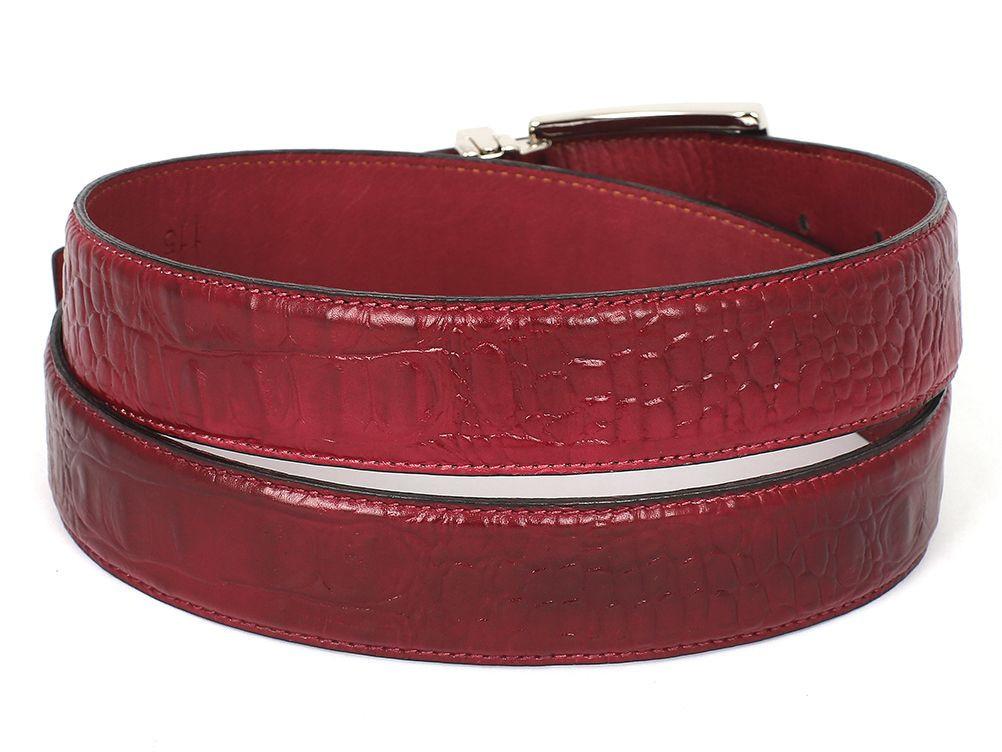 PAUL PARKMAN - Men's Croc Embossed Calfskin Belt Burgundy -