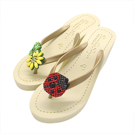 SAND BY SAYA N.Y. - Ladybug & Daisy - Red and Yellow Embellished Motifs Women's High Wedge Flip Flops Sandal - 3 COLORS -