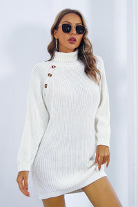 Thumbnail for Buttoned Turtleneck Long Sleeve Sweater Dress - T - 3 COLORS -