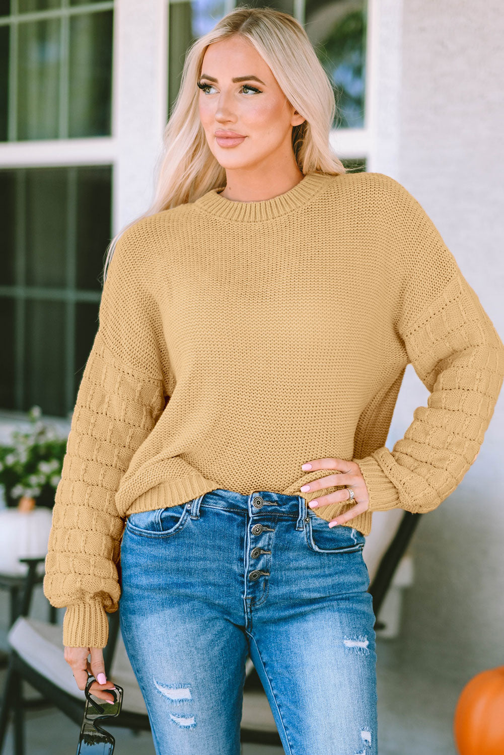 Threaded Pear - Jayla Hollowed Bubble Sleeve Knit Sweater - 2 COLORS -