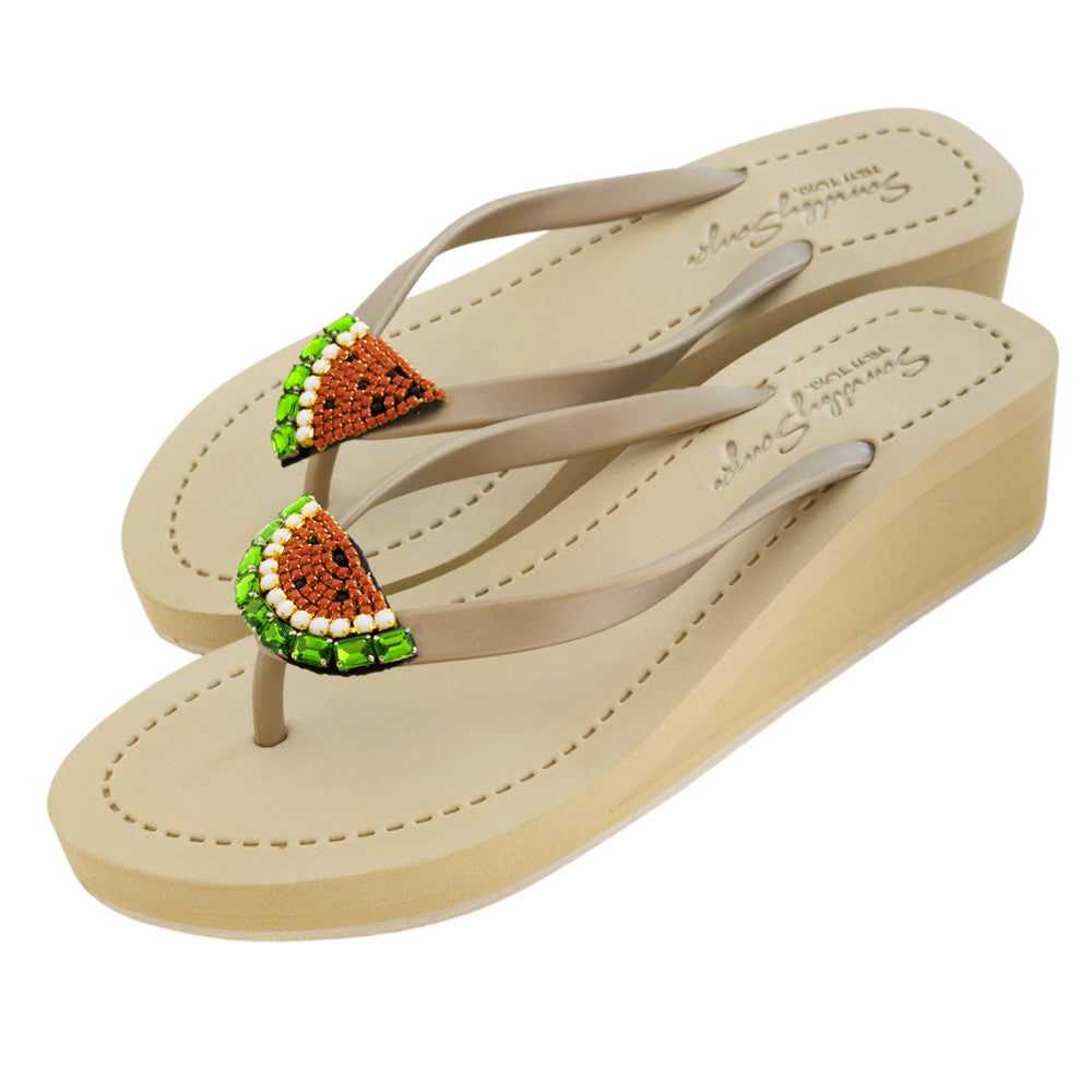 SAND BY SAYA N.Y. - Watermelon - Rhinestone Mid Wedge Flip Flops - 2 COLORS -