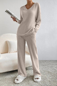 Thumbnail for Ribbed V-Neck Top and Pants Set - 2 PCS. - T - 5 COLORS -