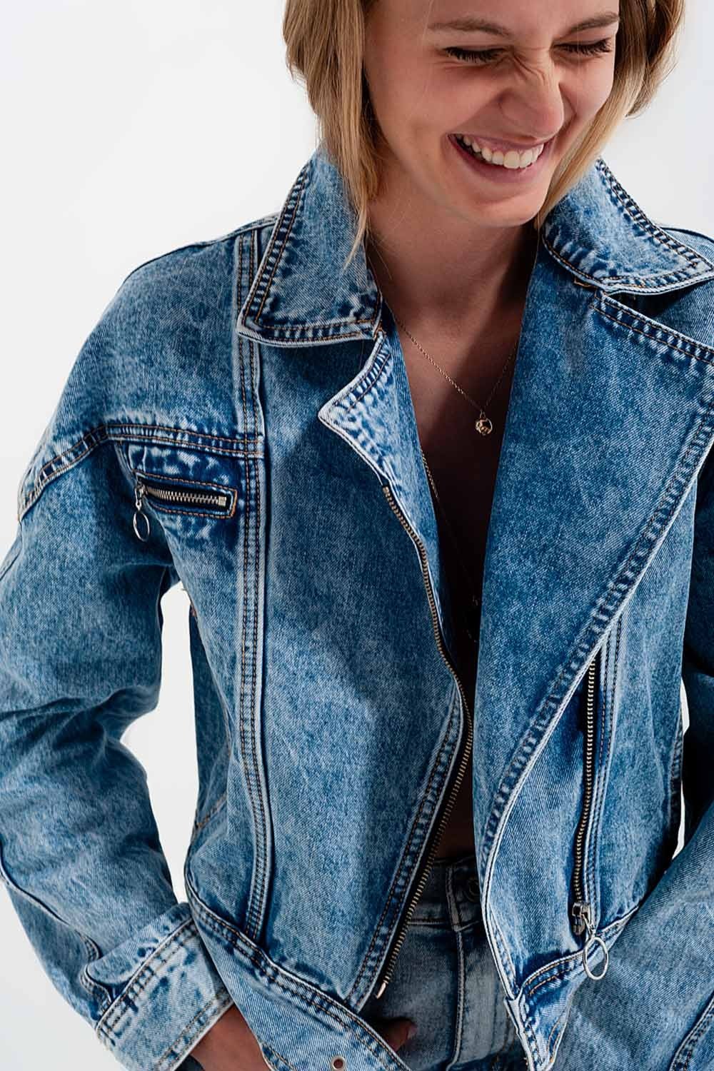 Q2 - Asymmetric Biker Jacket in Light Wash Blue - 1 COLOR -