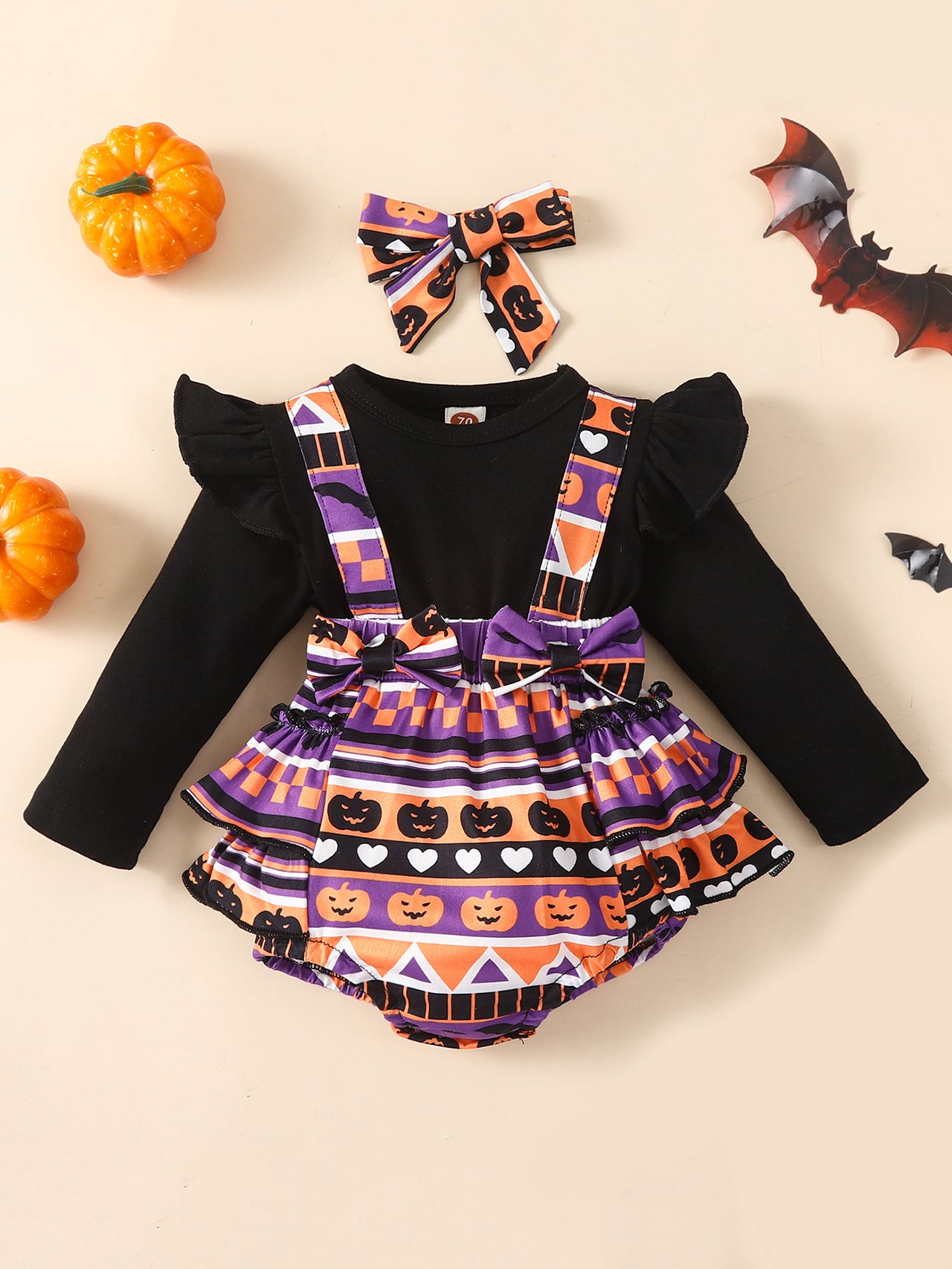 Printed Round Neck Long Sleeve Bodysuit with Headband - 2 PCS. - T - 2 COLORS -