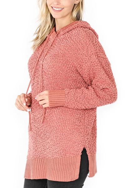 Riah Fashion - Popcorn Rib Detail Hooded Pullover - 16 COLORS -