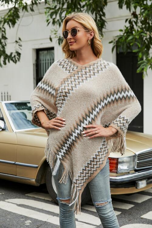 Fringe Hem Striped Cape Sleeve Poncho - T - 5 COLORS -