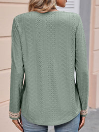 Thumbnail for Contrast V-Neck Eyelet Long Sleeve Top - T - 7 COLORS -