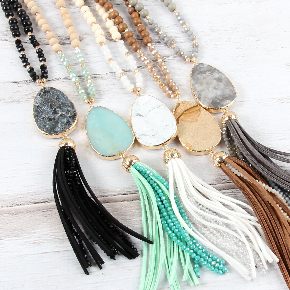 Natural Stone Tassel Pendant Necklace - 5 COLORS -