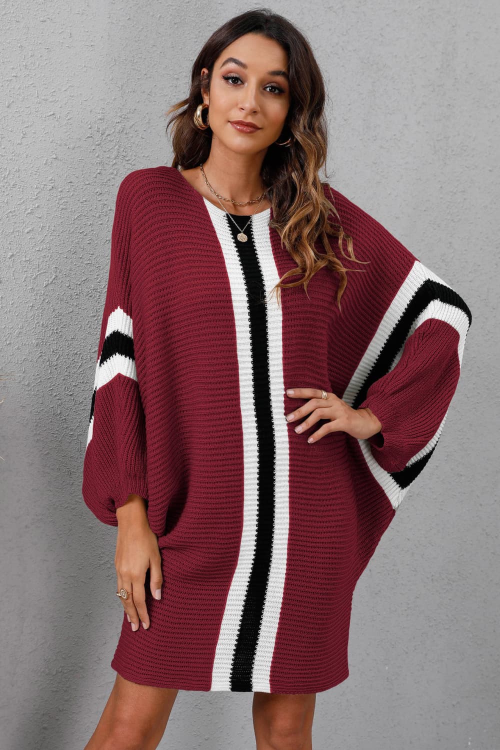 Ribbed Round Neck Long Sleeve Sweater Dress - T - 4 COLORS -