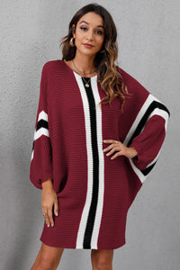 Thumbnail for Ribbed Round Neck Long Sleeve Sweater Dress - T - 4 COLORS -