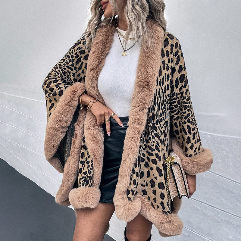 Sharon Tatem - Thick Warm Poncho Faux Fur Collar Cape Coat - Vintage Faux Leopard Sweater Cardigan - Batwing Sleeve Shawl -