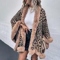 Thumbnail for Sharon Tatem - Thick Warm Poncho Faux Fur Collar Cape Coat - Vintage Faux Leopard Sweater Cardigan - Batwing Sleeve Shawl -