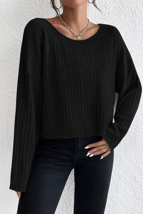 Ribbed Round Neck Drop Shoulder Long Sleeve Top - T - 2 COLORS -