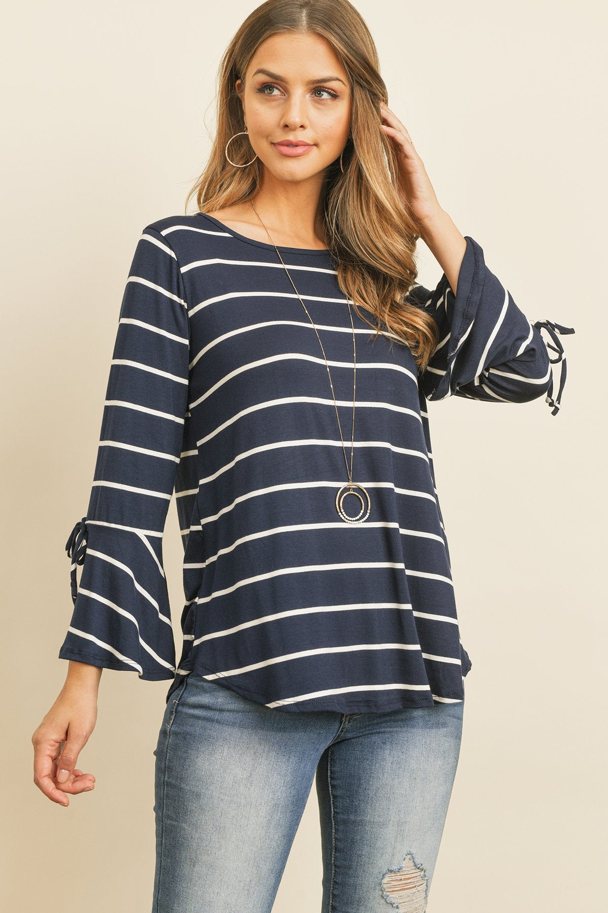 Riah Fashion - Stripe Flutter Sleeve Tie Top - 3 COLORS -