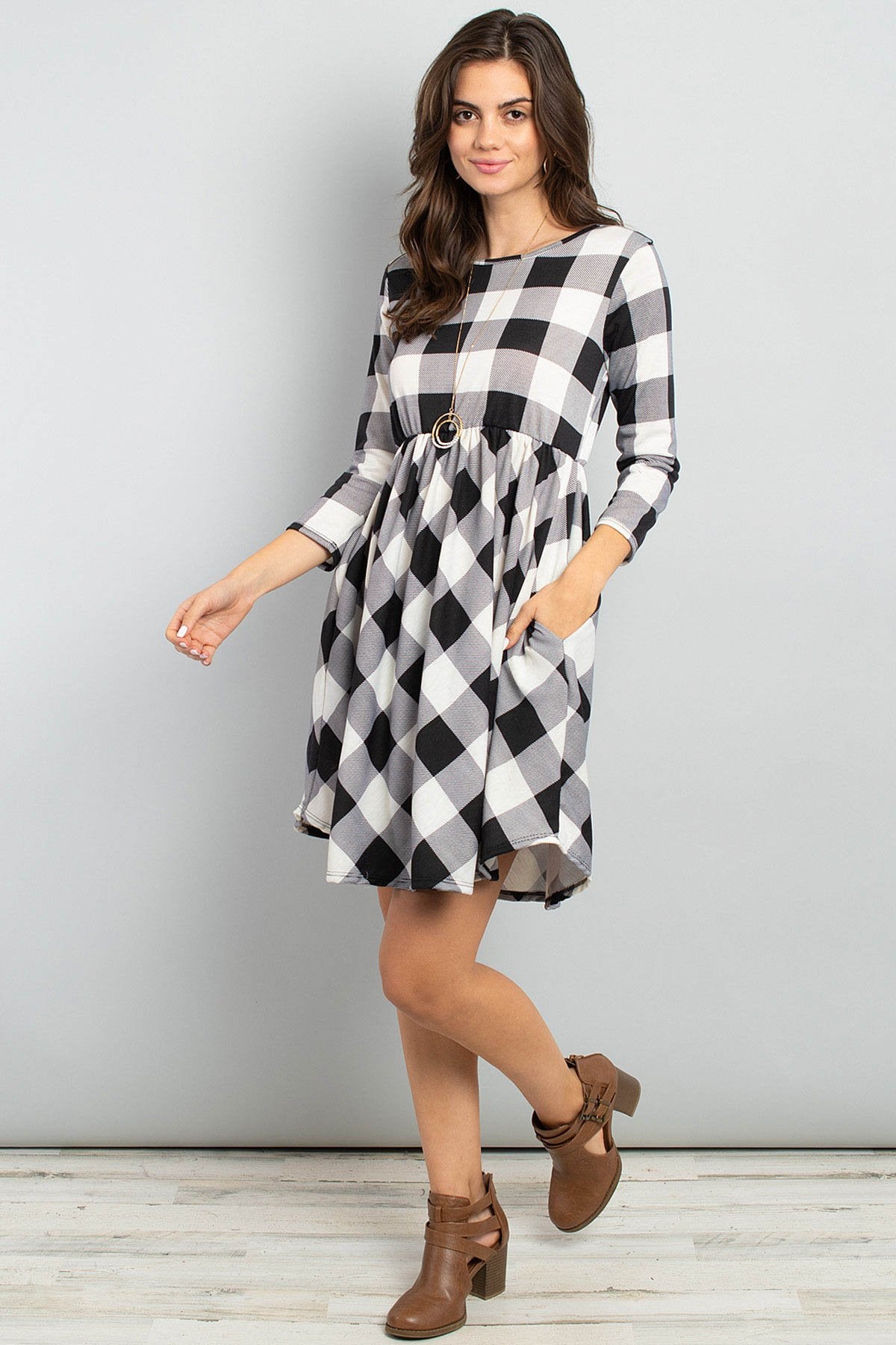 Riah Fashion - Cinch Waist Quarter Sleeves Plaid Dress - 3 COLORS -