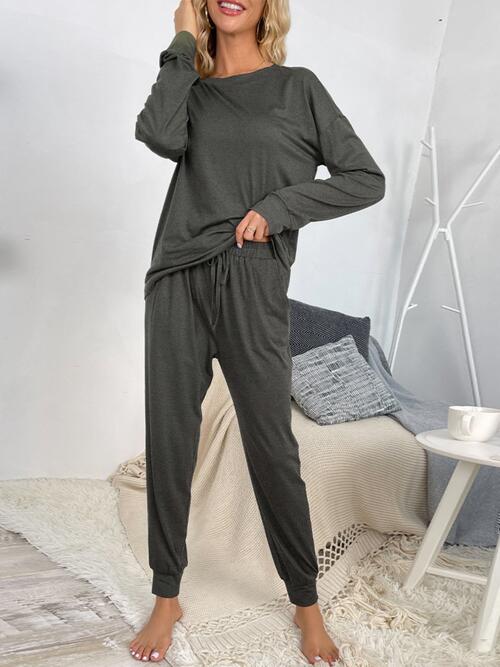 Round Neck Top and Drawstring Pants Lounge Set - 2 PCS. - T - 4 COLORS -