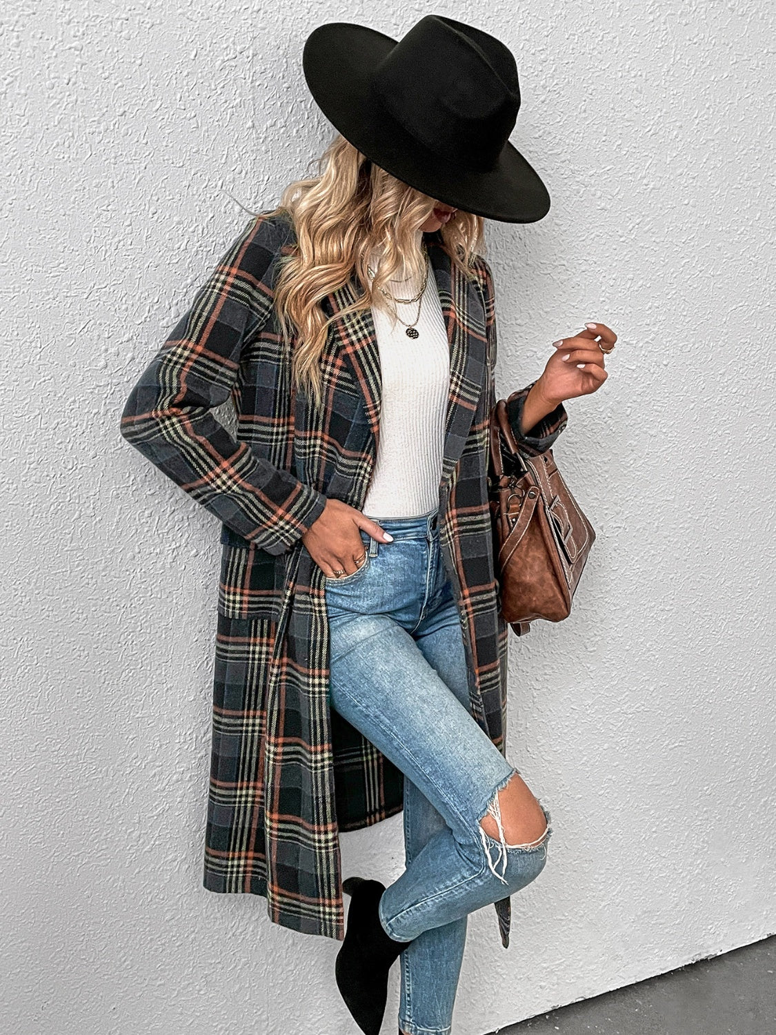 Plaid Lapel Collar Trench Coat Jacket - K - 1 COLOR -