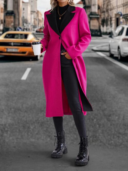 Collared Neck Buttoned Hot Pink Longline Coat - T - 1 COLOR -