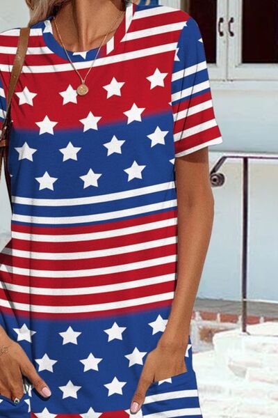 Pocketd US Flag Printed Short Sleeve Dress - T - 1 COLOR -