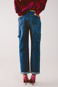 Thumbnail for Q2 - Cotton Boyfriend Jeans With Stretch in Medium Blue - 1 COLOR -